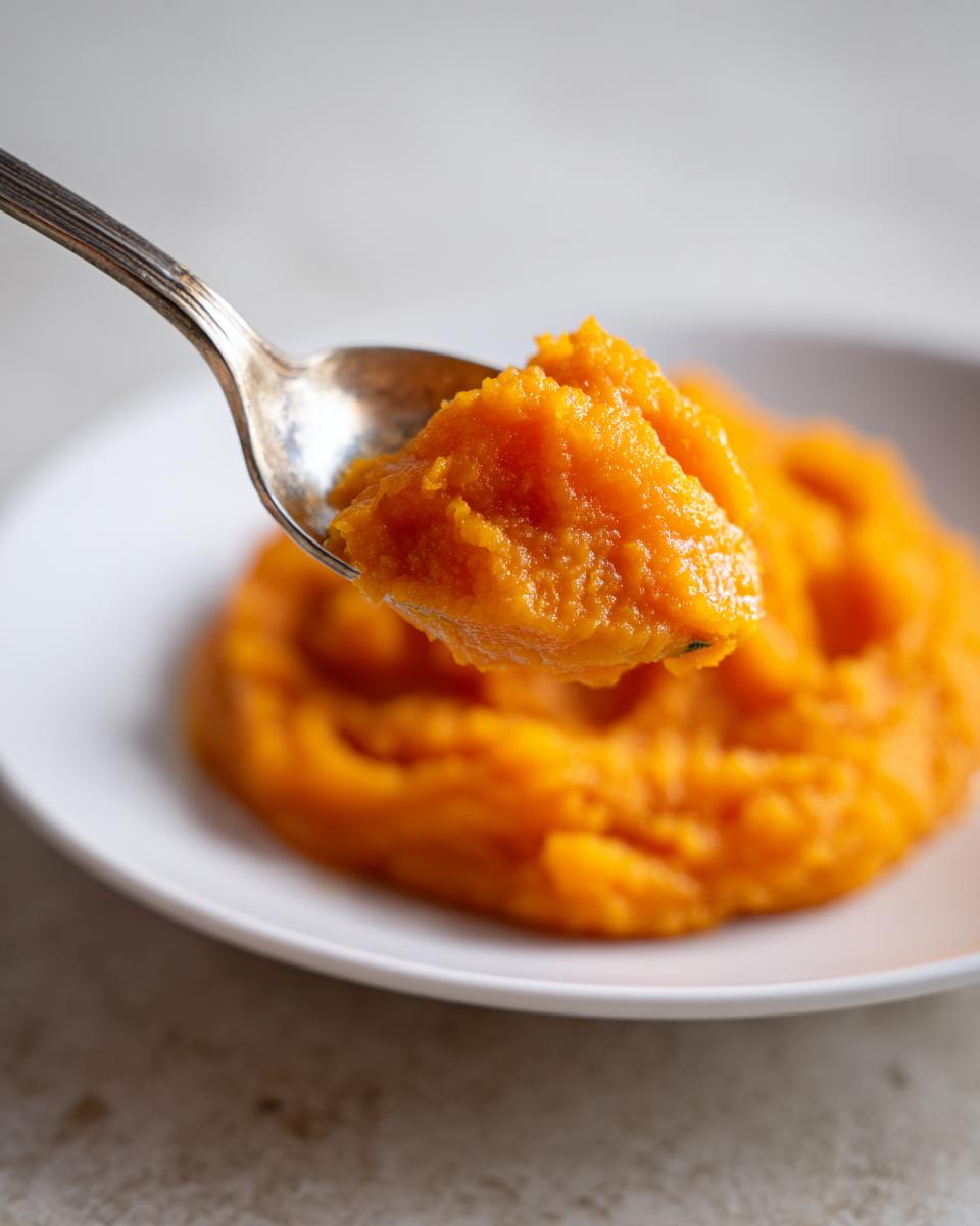 A spoonful of bright orange, homemade pumpkin puree being lifted above a white bowl.