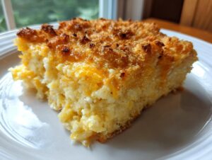 A close-up of a square slice of baked squash casserole with a golden, cheesy, and crispy topping.