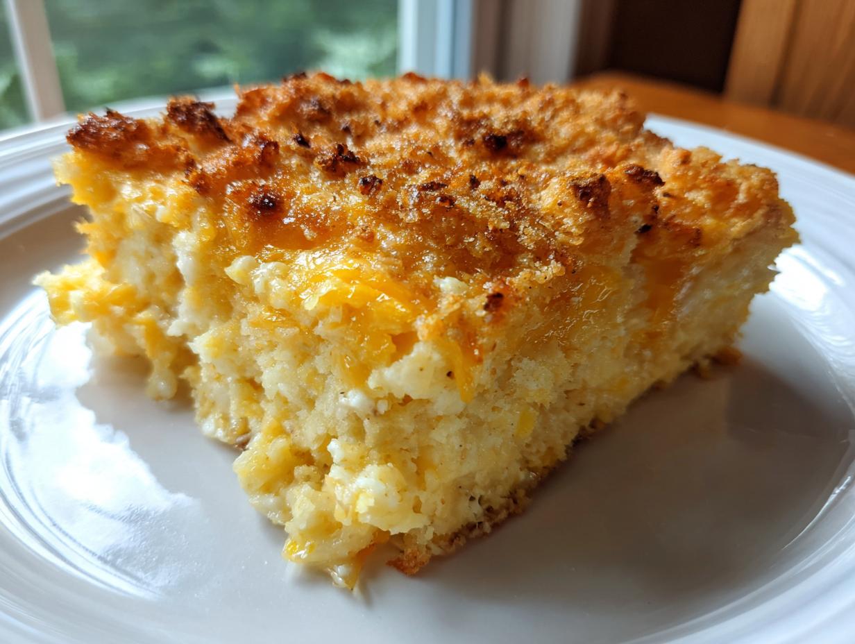 A close-up of a square slice of baked squash casserole with a golden, cheesy, and crispy topping.