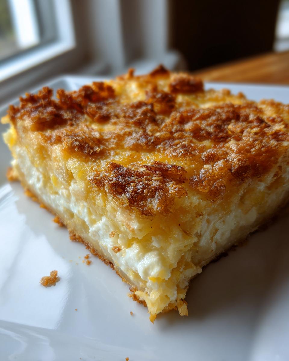 Close-up of a golden-brown slice of creamy squash casserole with a crunchy topping on a white plate.