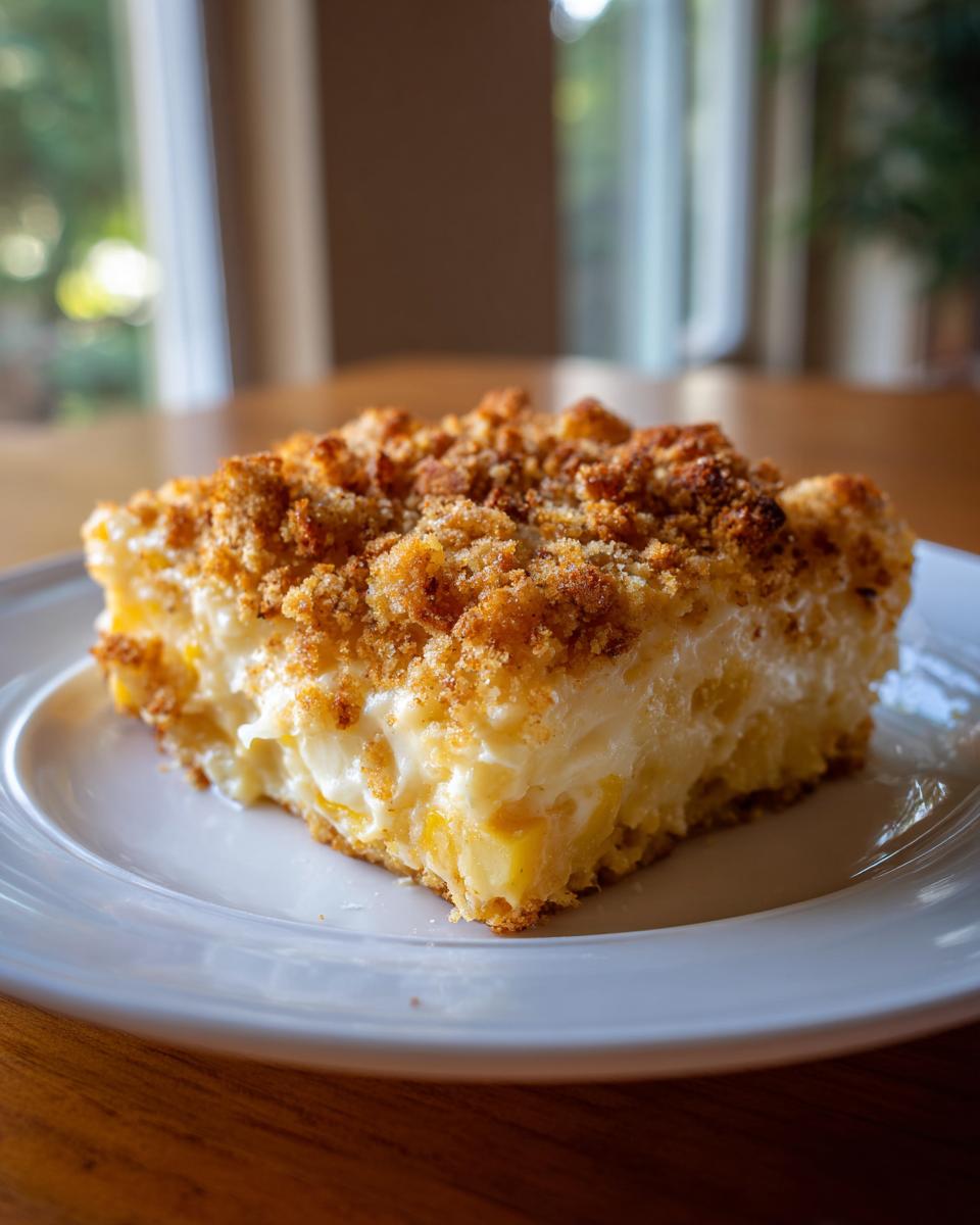 A square serving of creamy squash casserole topped with a golden brown crumb topping on a white plate.