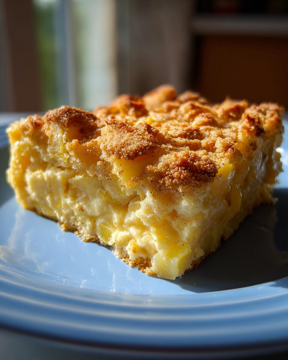 A close-up of a square slice of creamy yellow squash casserole topped with a golden brown crumb topping.
