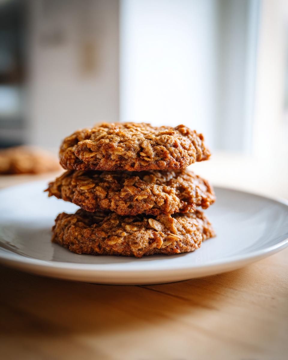 A stack of three chewy, oatmeal applesauce cookies resting on a white plate.