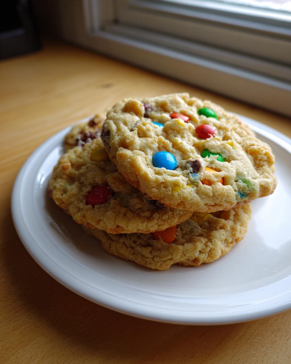 A stack of three soft, chewy m&m cookies loaded with colorful candies, resting on a white plate.