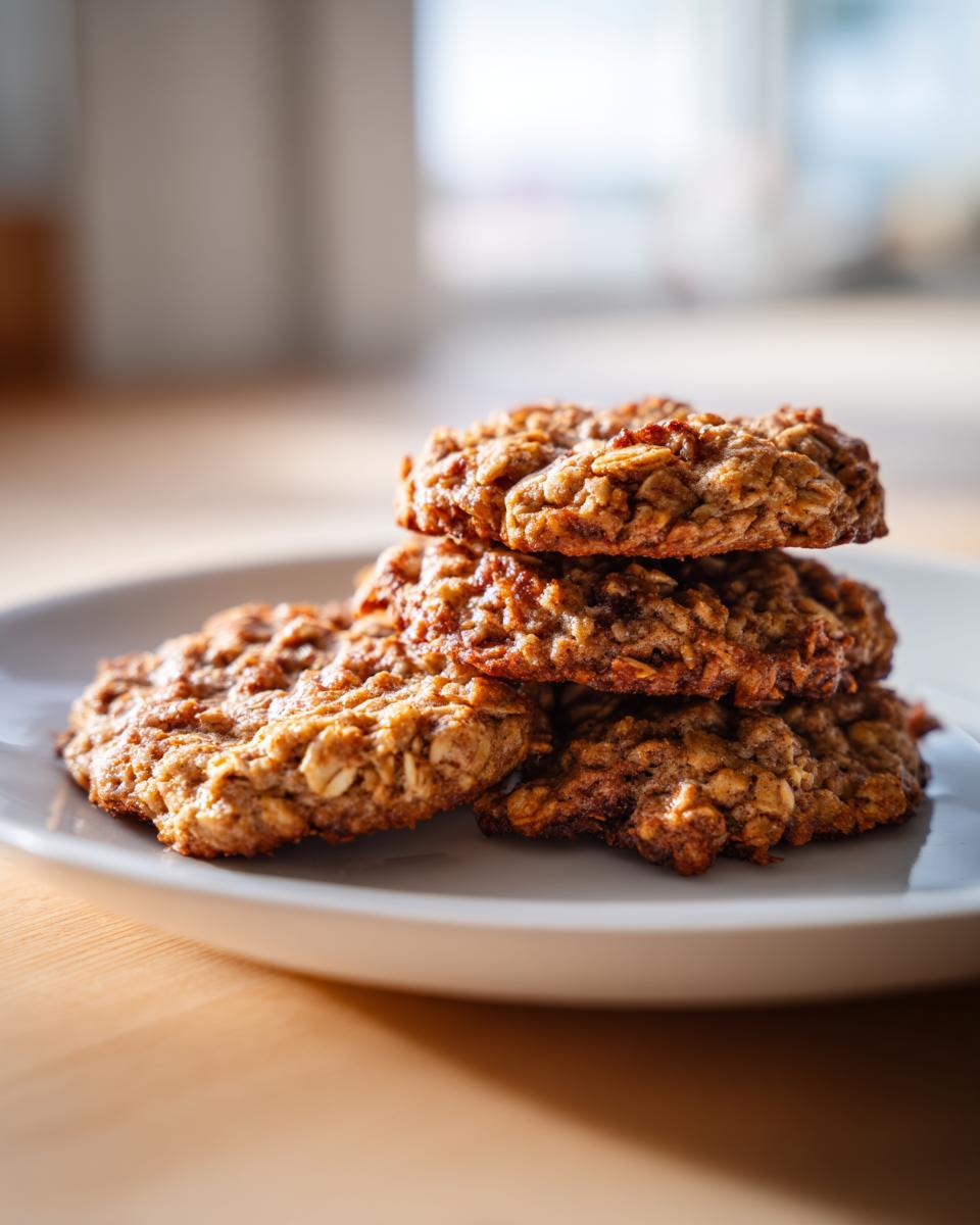A small stack of four textured, golden brown applesauce cookies resting on a white plate.