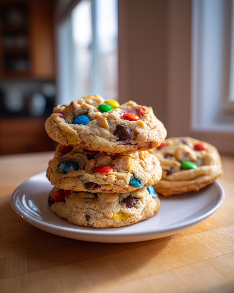 A stack of three soft, thick m&m cookies sits on a white plate, featuring colorful candies.
