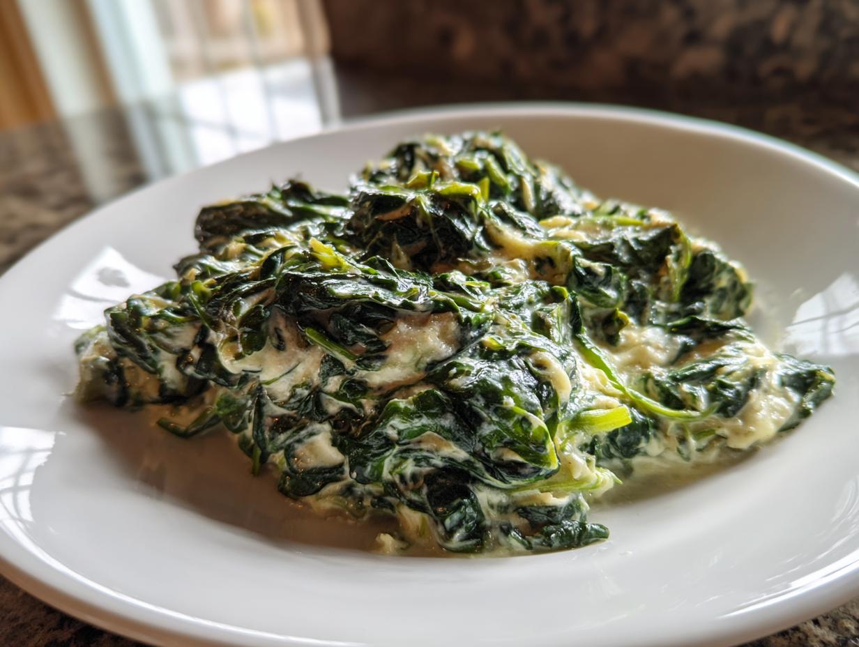 Close-up of rich, homemade creamed spinach served on a white plate.