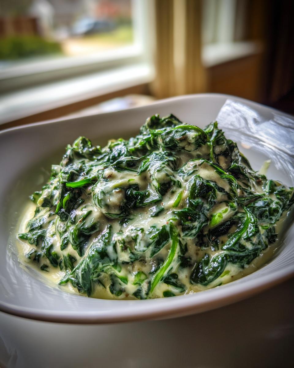 A close-up of rich, vibrant green creamed spinach served in a white bowl near a window.