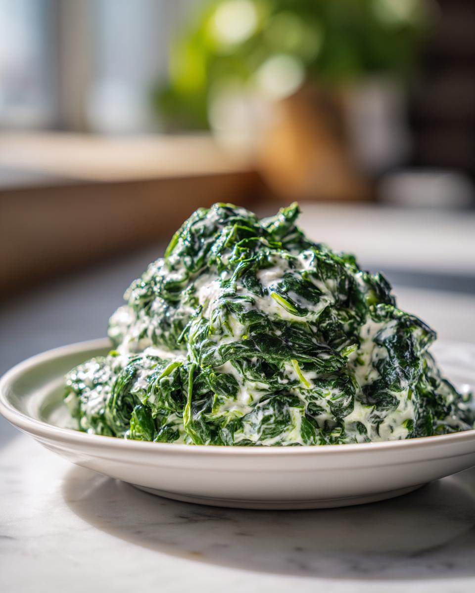 A mound of rich, vibrant green creamed spinach served on a white plate, glistening under bright light.