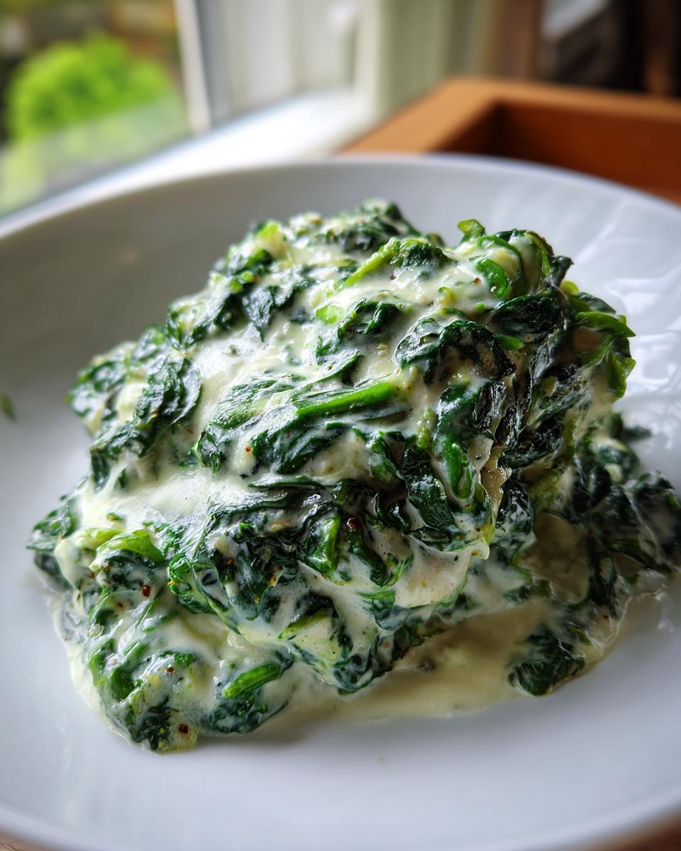 Close-up of a serving of rich, creamy creamed spinach piled high on a white plate.