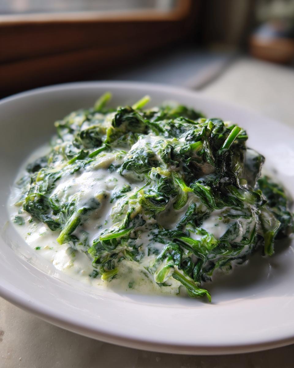 A close-up of rich, vibrant green creamed spinach served in a white bowl.