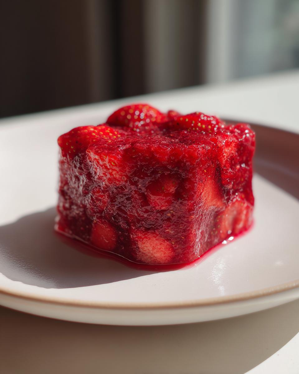 A square block of vibrant red strawberry freezer jam, showing whole and crushed fruit pieces, resting on a light plate.