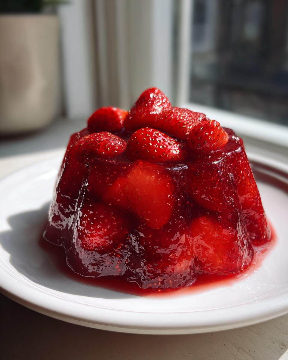 A molded serving of glistening strawberry freezer jam, studded with whole strawberries, sitting on a white plate.