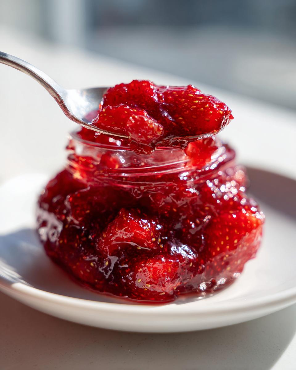 A spoonful of chunky, bright red strawberry freezer jam being lifted from a small glass jar.