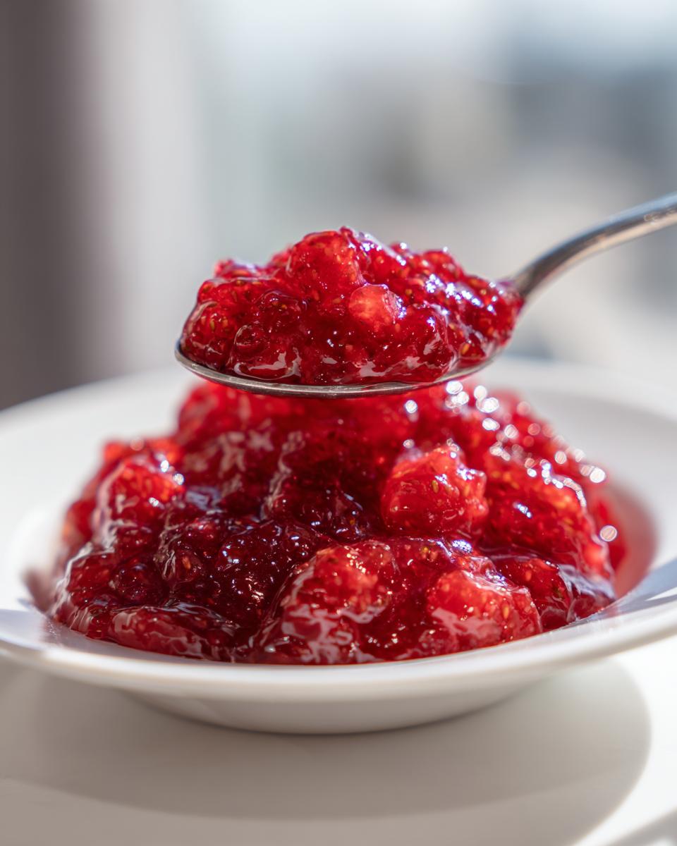 A spoonful of glistening, chunky strawberry freezer jam being lifted above a small white bowl filled with more jam.