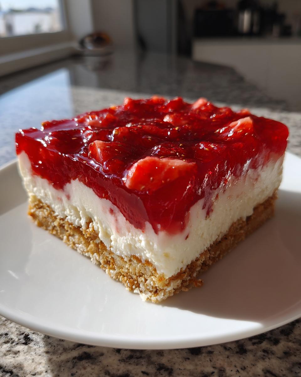 A square slice of strawberry pretzel salad showing a thick pretzel crust, creamy filling, and bright red strawberry topping.