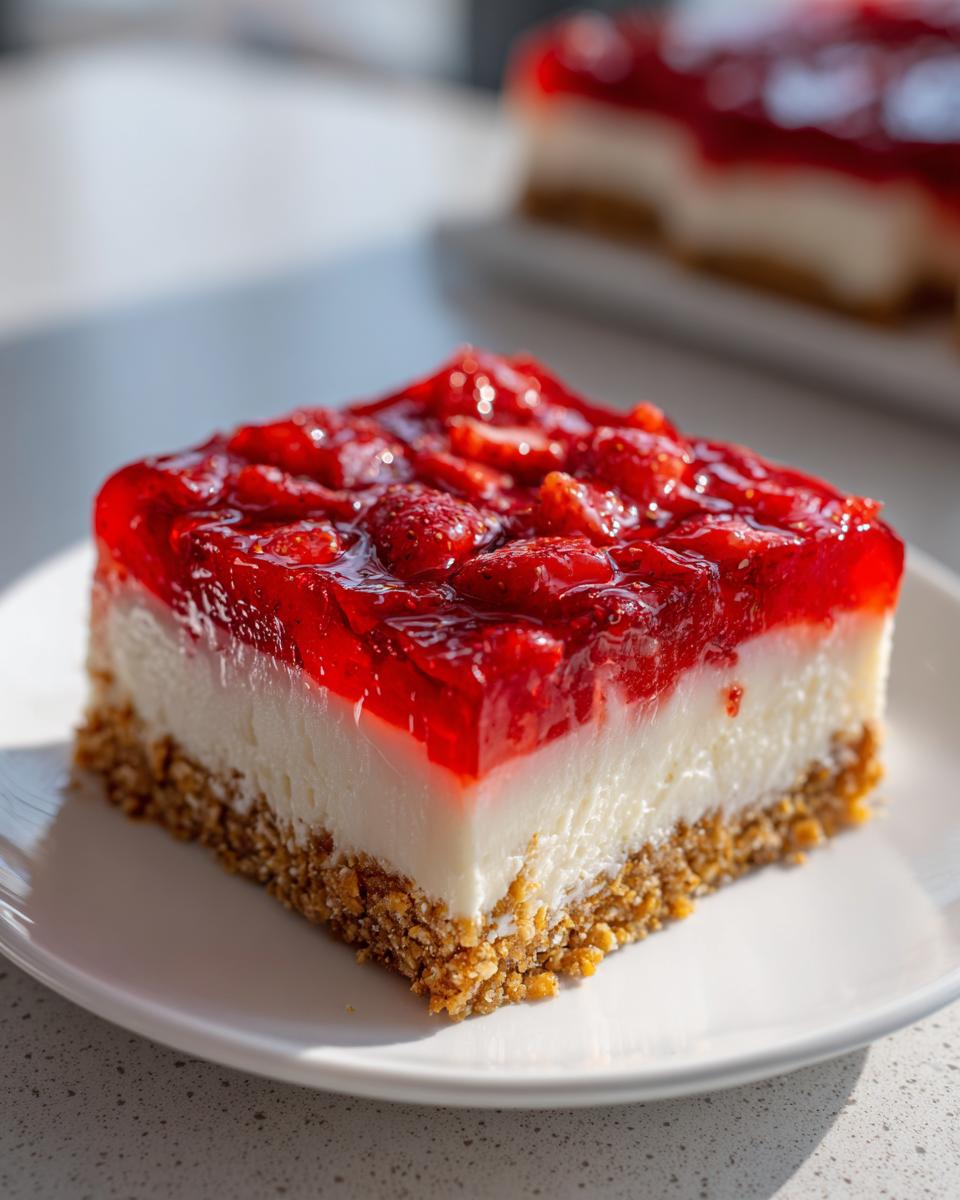 Close-up of a square slice of strawberry pretzel salad with a thick pretzel crust, cream cheese layer, and bright strawberry topping.