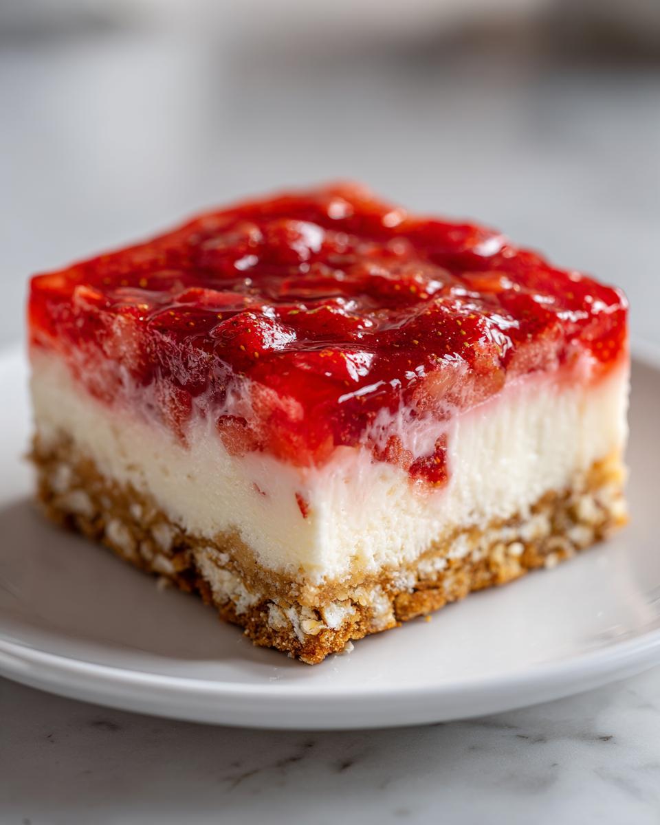 Close-up of a square slice of strawberry pretzel salad showing the crust, cream cheese layer, and strawberry topping.