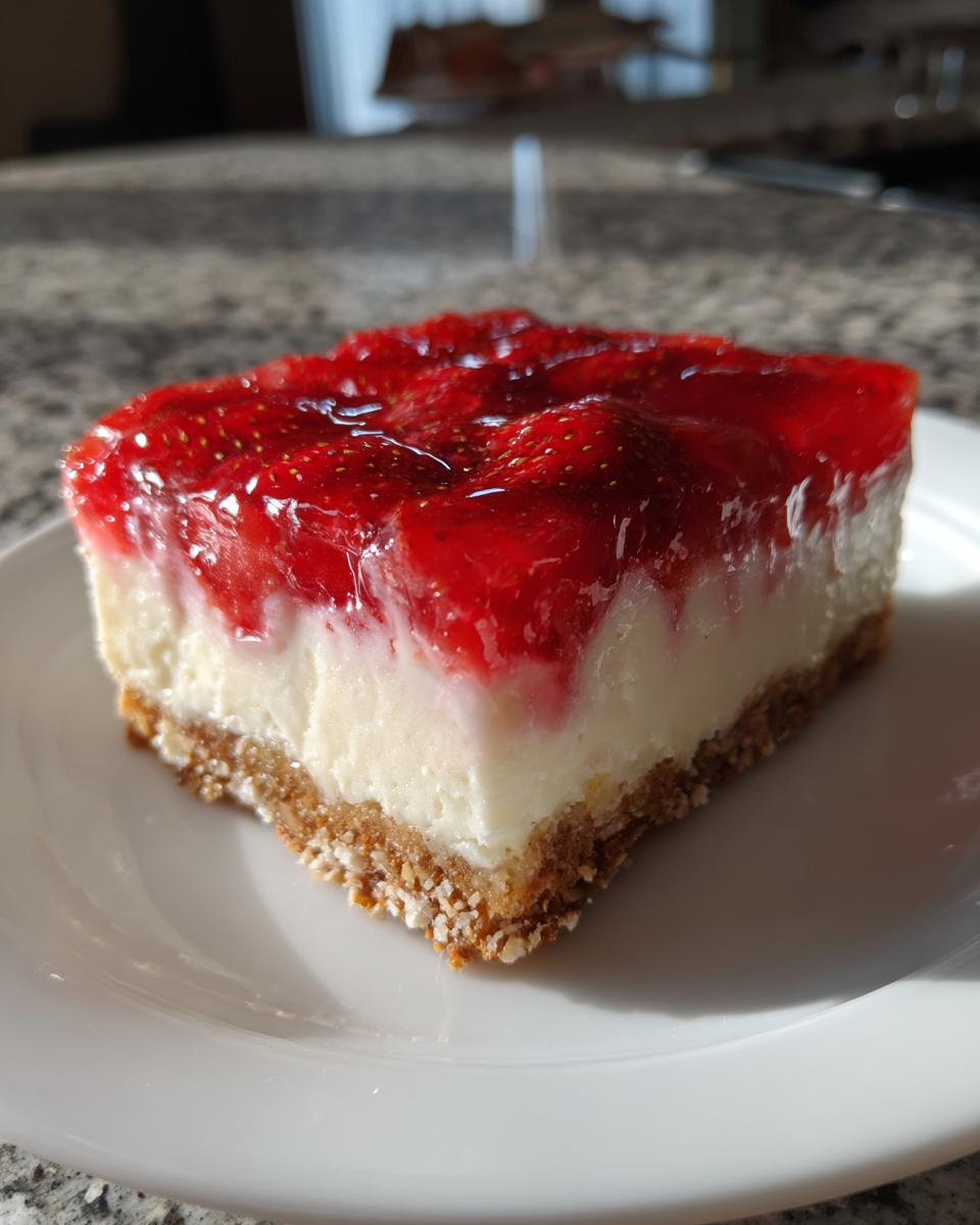 Close-up of a square slice of strawberry pretzel salad showing the pretzel crust, cream cheese layer, and strawberry topping.