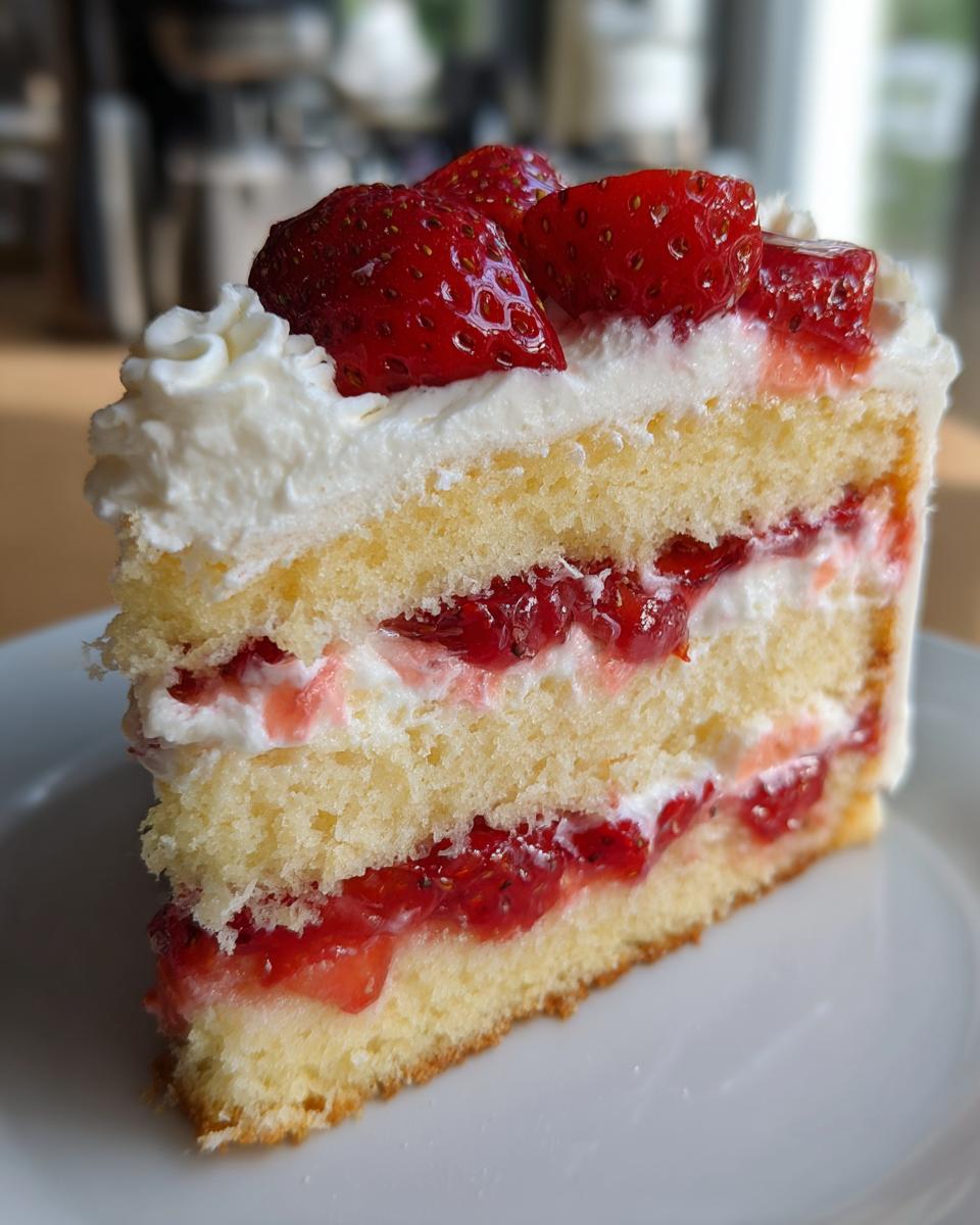 Close-up of a moist slice of strawberry shortcake cake with layers of sponge, whipped cream, and strawberry filling.