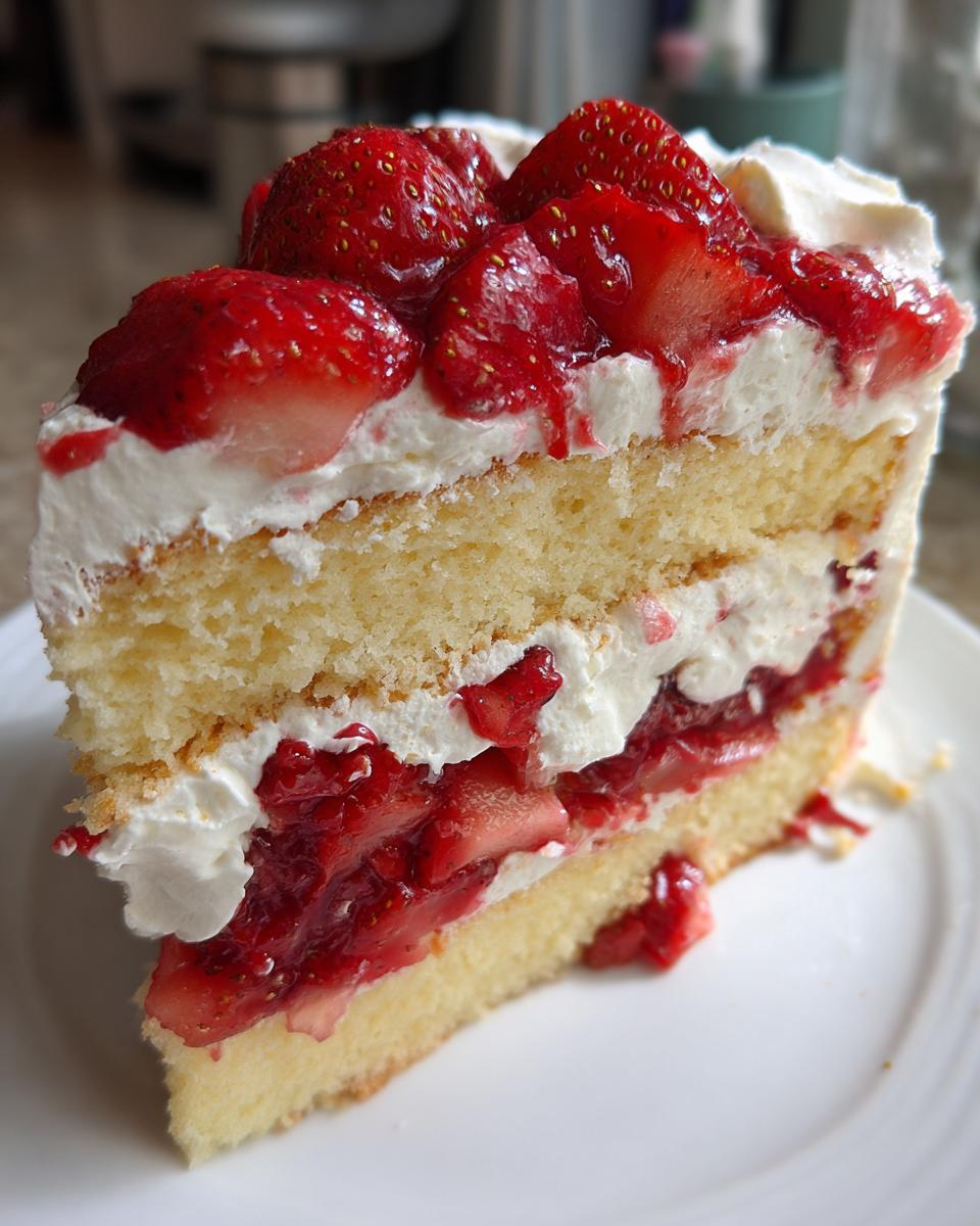 Close-up of a decadent slice of strawberry shortcake cake showing layers of sponge cake, whipped cream, and macerated strawberries.