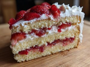 Close-up of a decadent slice of strawberry shortcake cake showing layers of yellow cake, whipped cream, and fresh strawberries.