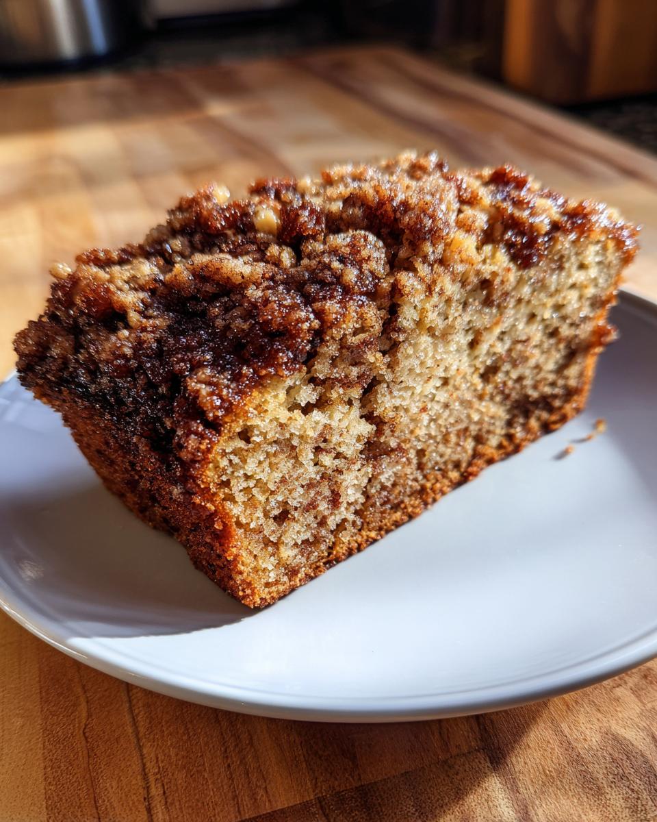 A close-up slice of sweet Alabama pecan bread showing a moist crumb and dark, crunchy pecan streusel topping.