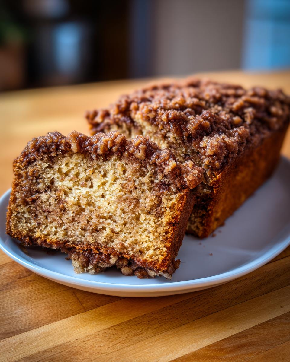 Close-up of a slice of sweet alabama pecan bread showing the moist crumb and thick cinnamon streusel topping.