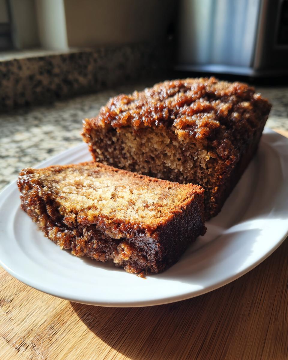 A slice and a partial loaf of moist sweet alabama pecan bread with a caramelized topping on a white plate.