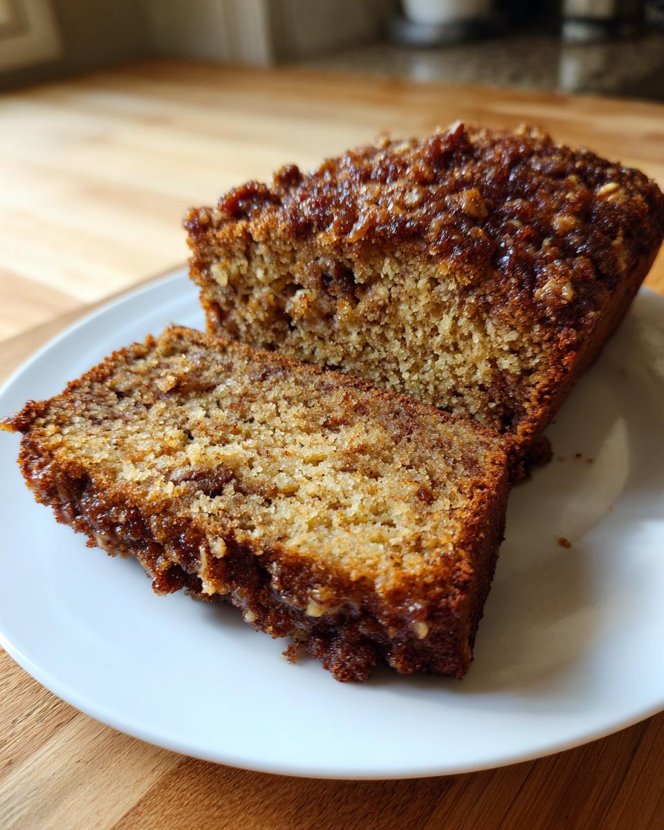 Close-up of two slices of moist sweet alabama pecan bread with a sticky, caramelized pecan topping.