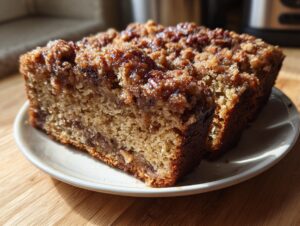 Two slices of moist sweet Alabama pecan bread with a crunchy, caramelized pecan topping on a small white plate.