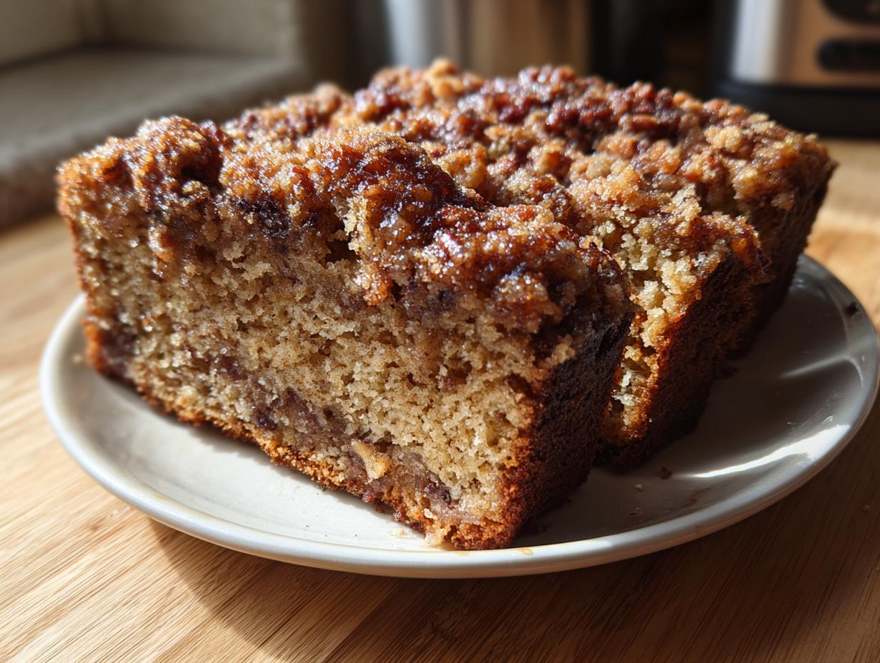 Two slices of moist sweet Alabama pecan bread with a crunchy, caramelized pecan topping on a small white plate.