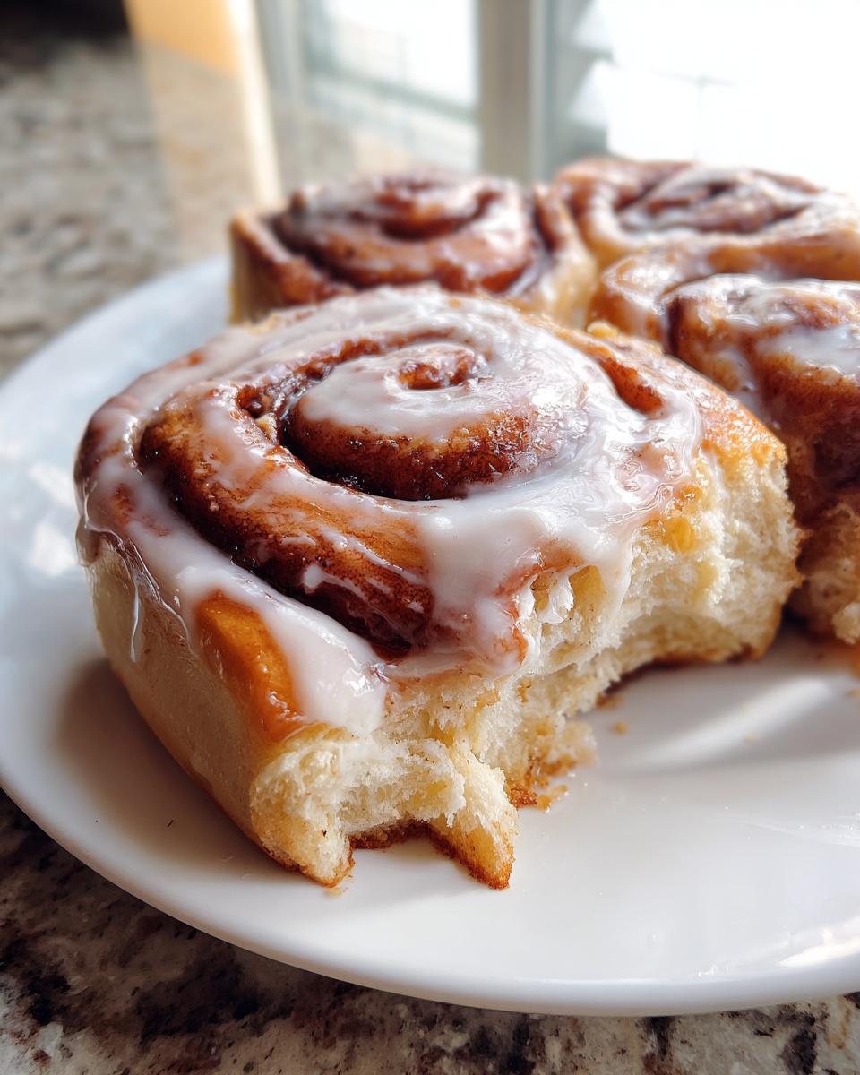Close-up of soft, glazed tiktok cinnamon rolls on a white plate, with one roll having a bite taken out showing the fluffy interior.