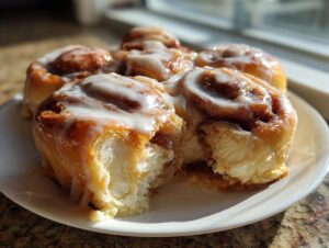 Close-up of several gooey, iced tiktok cinnamon rolls on a white plate, one roll is pulled apart showing the soft interior.
