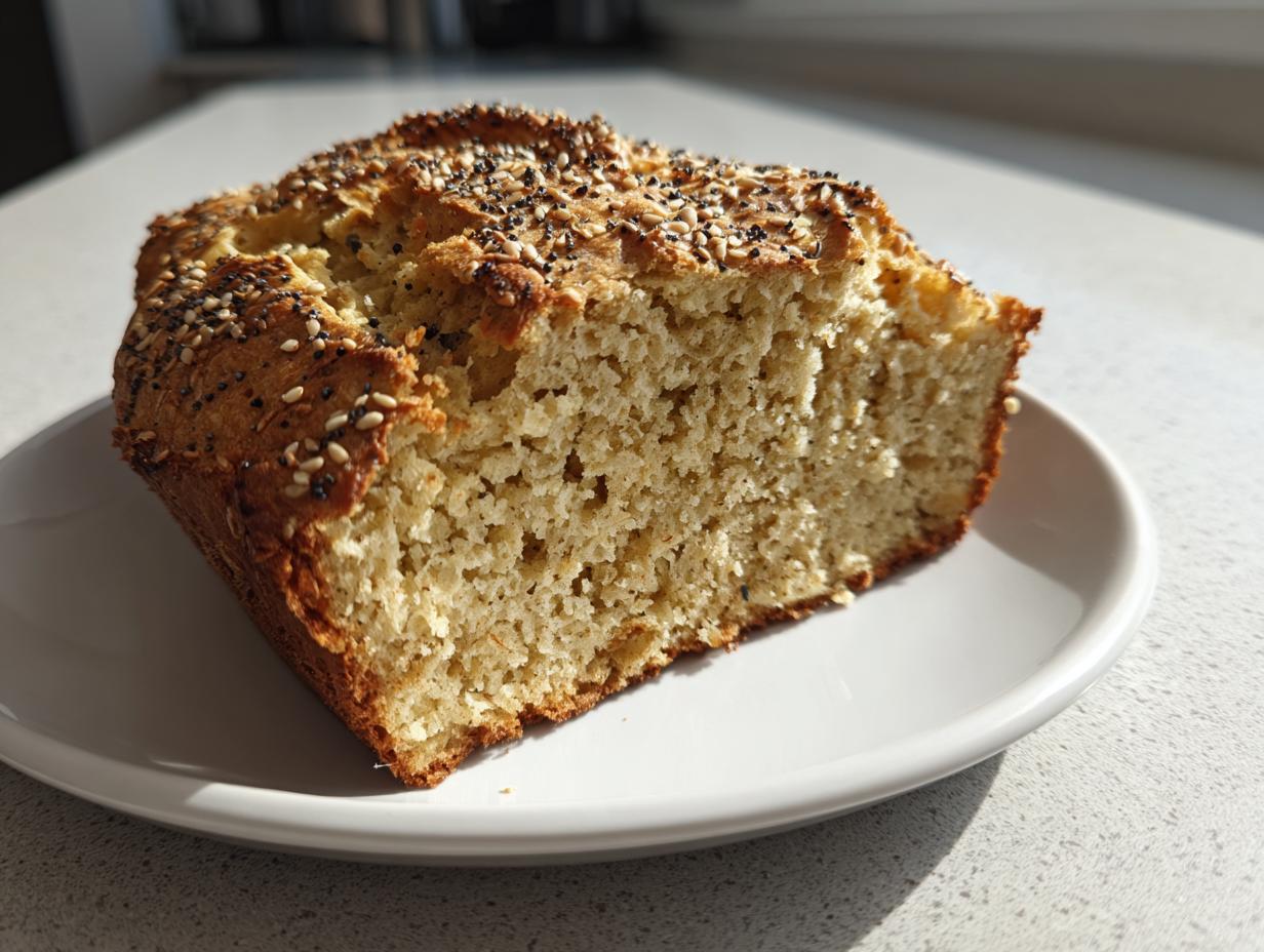 A thick slice of golden brown cottage cheese bread topped with sesame and poppy seeds, sitting on a white plate.