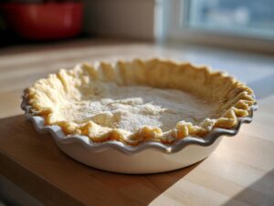 Unbaked, flaky pie crust perfectly fitted into a white ceramic dish, ready for filling.