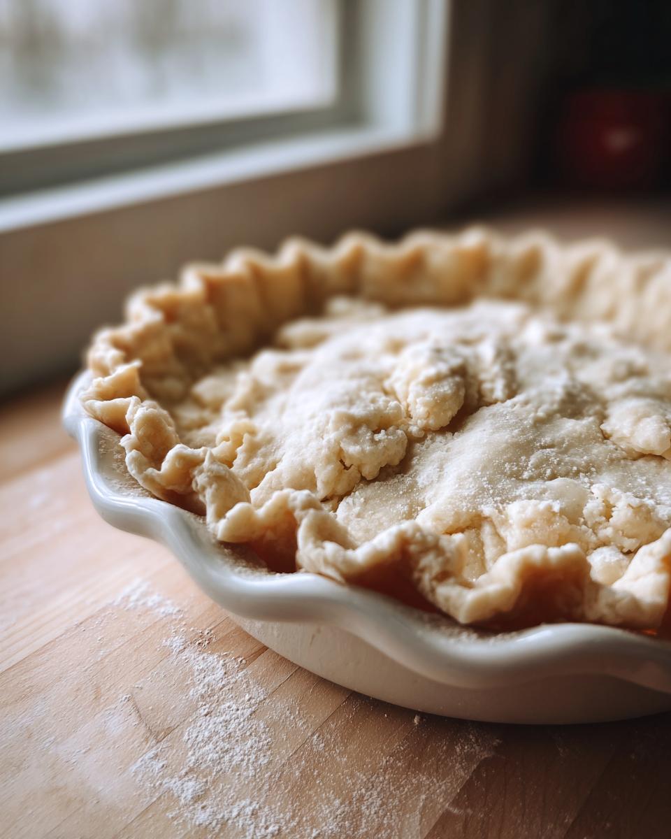 Close-up of an unbaked pie crust dough crimped in a white dish, showing flaky texture and flour dusting.