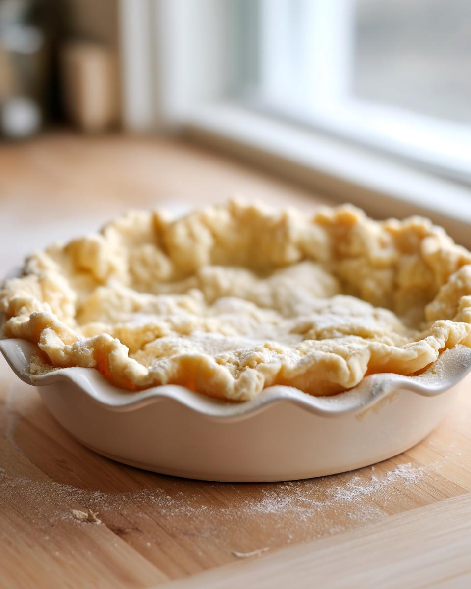 Unbaked, crimped pie crust dough resting in a white ceramic pie dish, ready for filling.