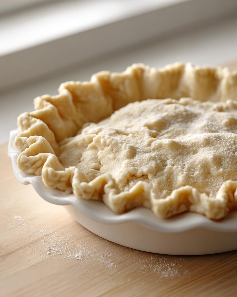 Close-up of unbaked, crimped pie crust dough ready for filling in a white ceramic dish, showcasing the flaky pie crust texture.