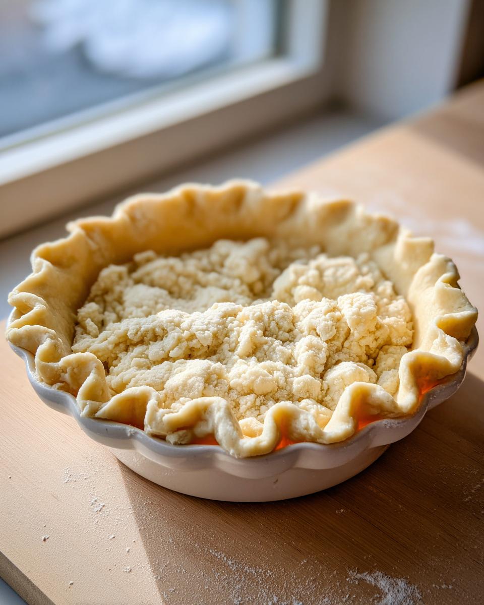 Close-up of an unbaked pie crust with crimped edges, filled with a crumb topping, ready for baking.