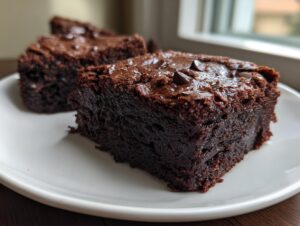 Close-up of a fudgy square of vegan brownies with a shiny top and chocolate chips on a white plate.