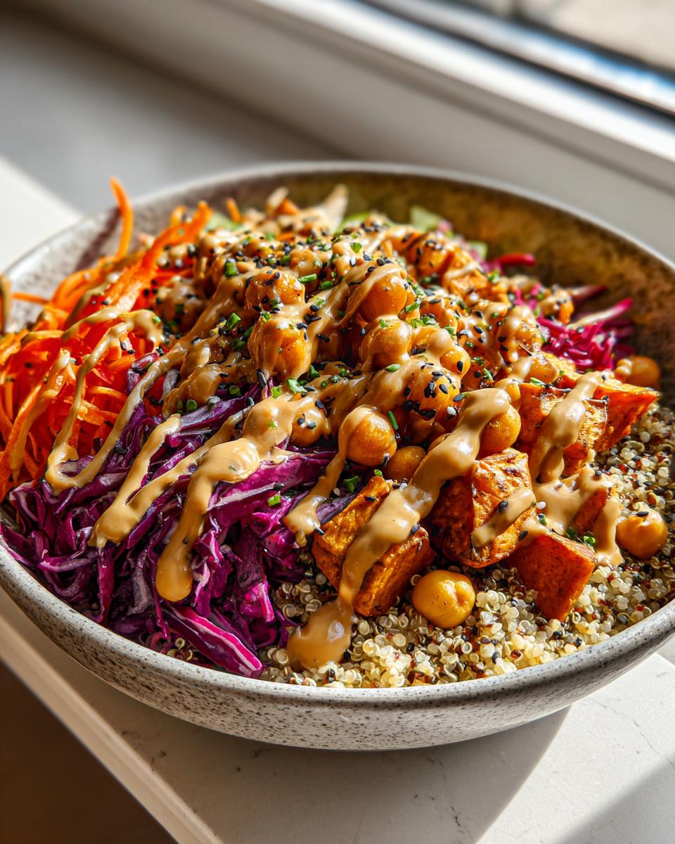 Close-up of a vibrant buddha bowl featuring quinoa, roasted sweet potatoes, chickpeas, shredded red cabbage, and a generous drizzle of peanut sauce.