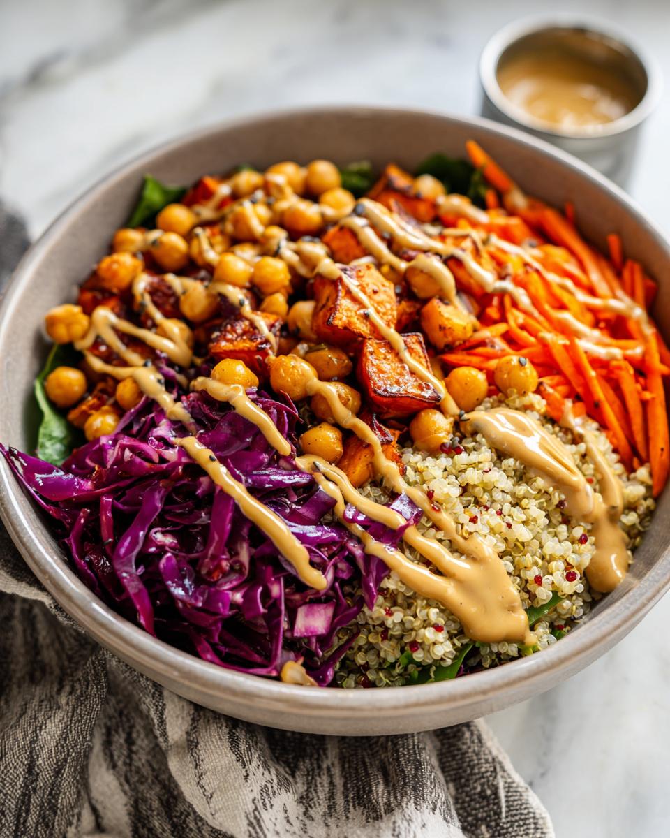 Close-up of a colorful buddha bowl featuring quinoa, roasted sweet potatoes, chickpeas, shredded red cabbage, carrots, and peanut dressing.