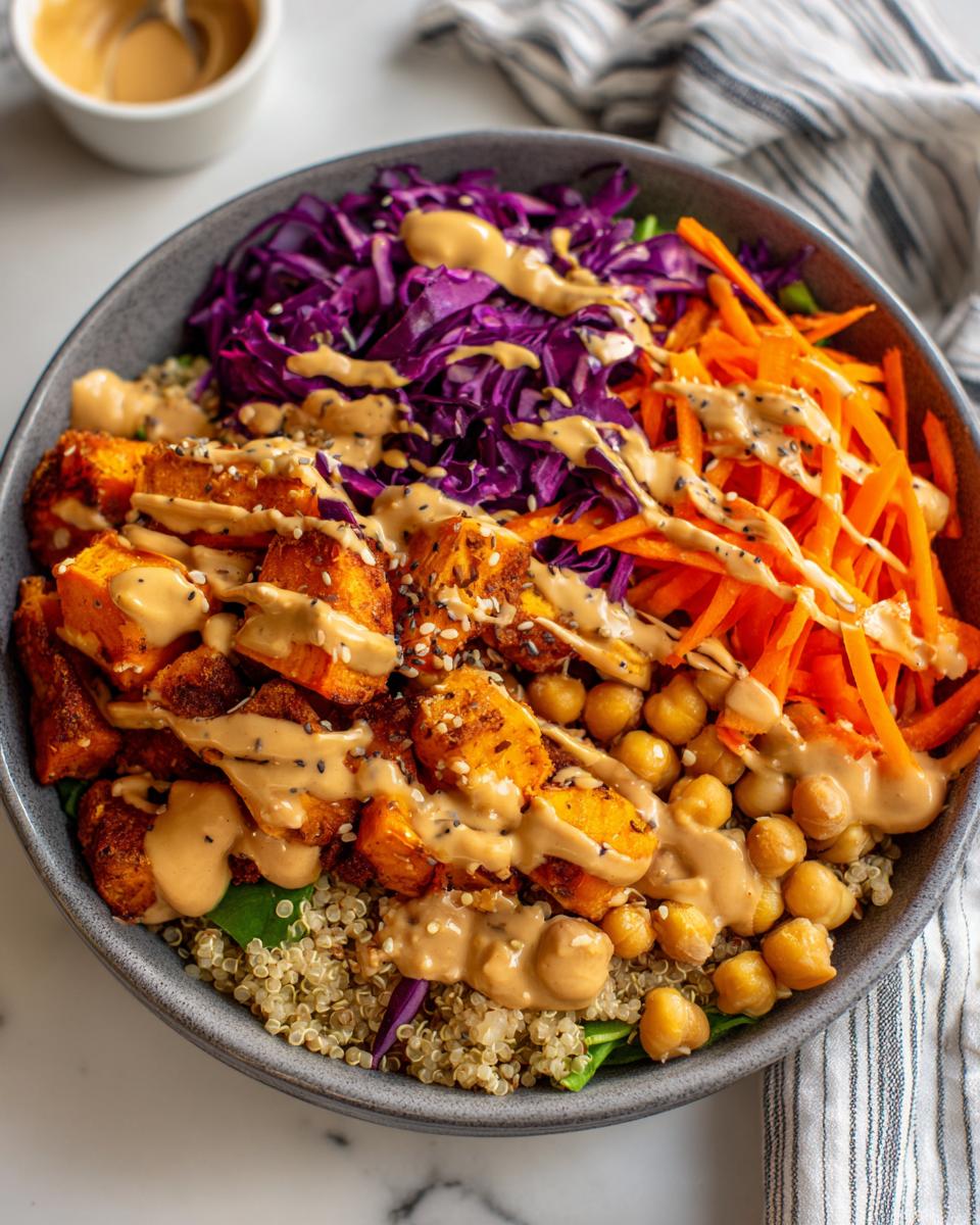 Close-up of a vibrant buddha bowl featuring roasted sweet potatoes, shredded carrots, red cabbage, chickpeas, and quinoa, drizzled with a creamy dressing.