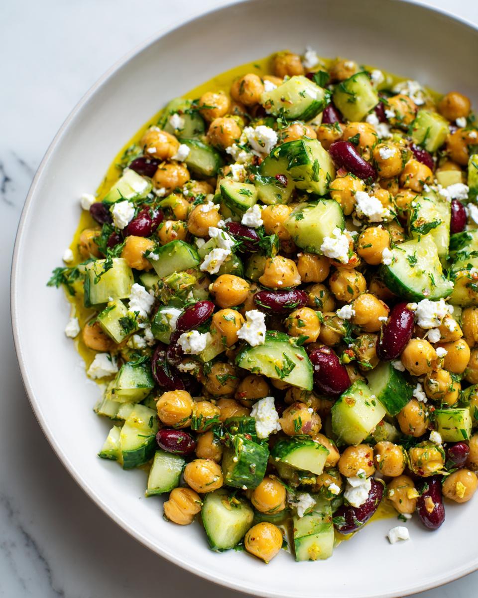 Close-up of a colorful bean salad featuring chickpeas, kidney beans, cucumber chunks, and feta cheese.
