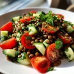 Close-up of a fresh lentil salad mixed with bright red cherry tomatoes, green cucumber chunks, and mint.