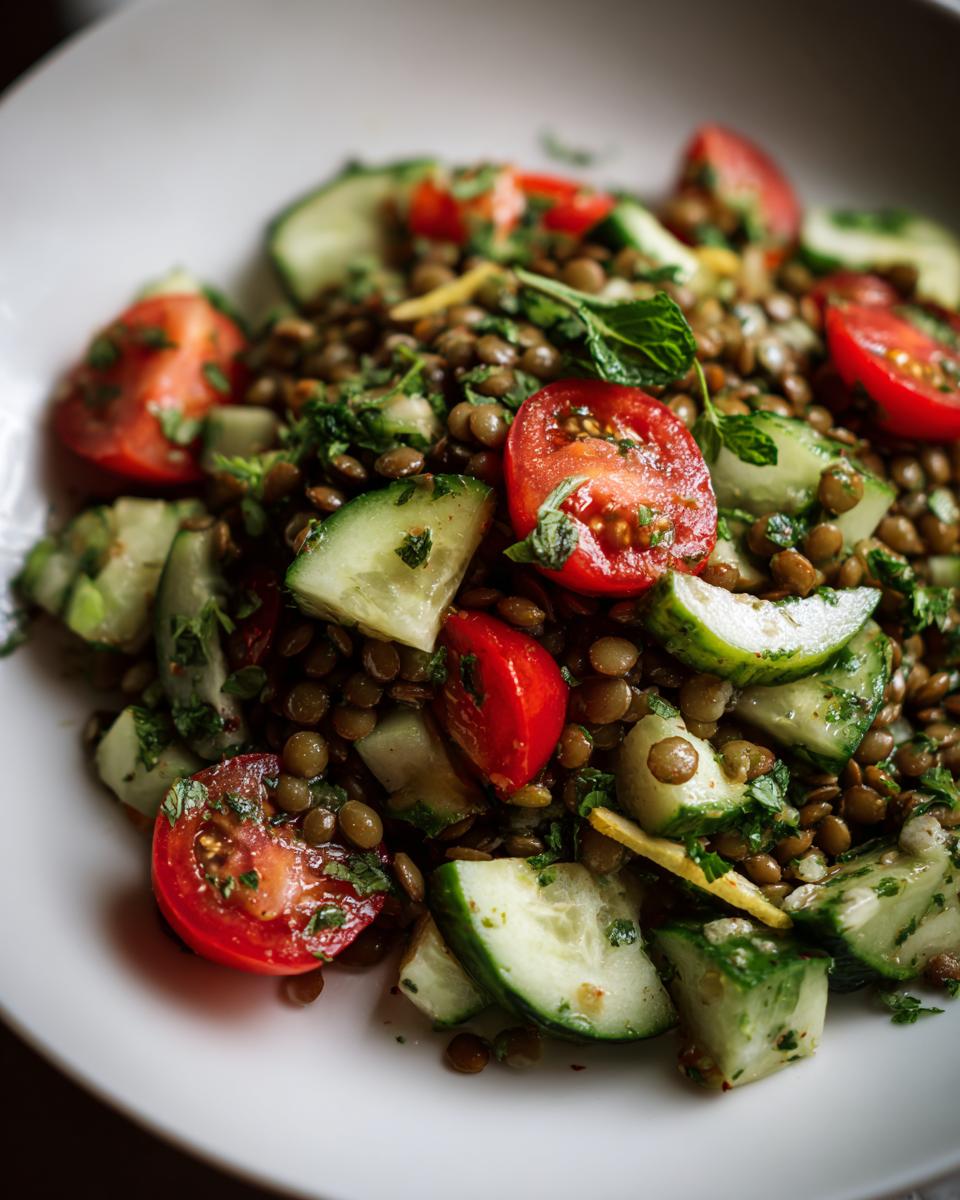 Close-up of a vibrant lentil salad featuring brown lentils, chopped cucumbers, and halved cherry tomatoes.