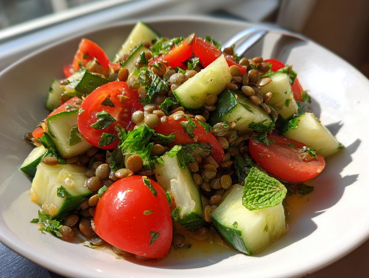 Close-up of a vibrant lentil salad featuring cooked lentils, chunky cucumber, bright red tomatoes, and fresh herbs.