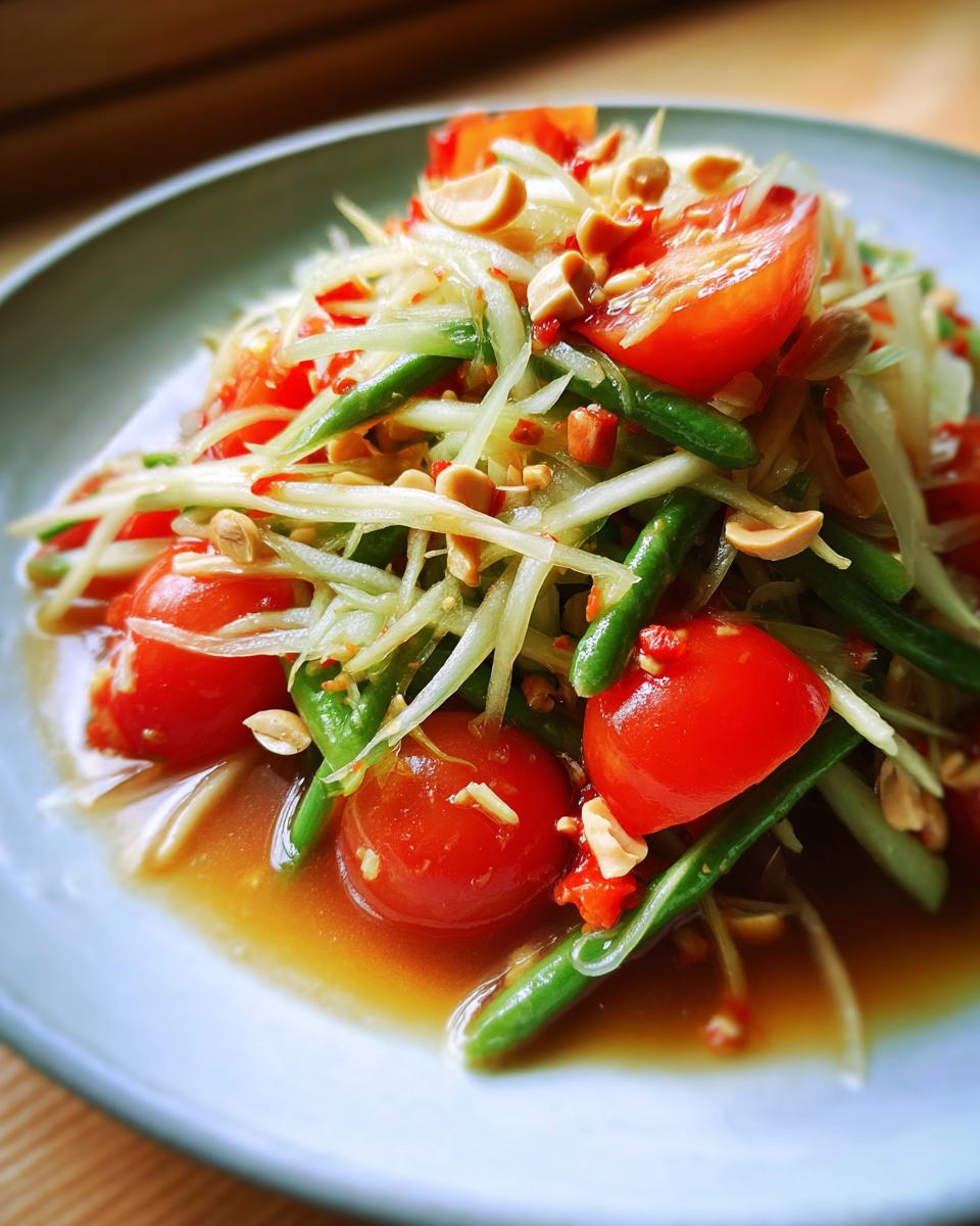 Close-up of a vibrant papaya salad featuring shredded green papaya, cherry tomatoes, green beans, and peanuts in a savory dressing.