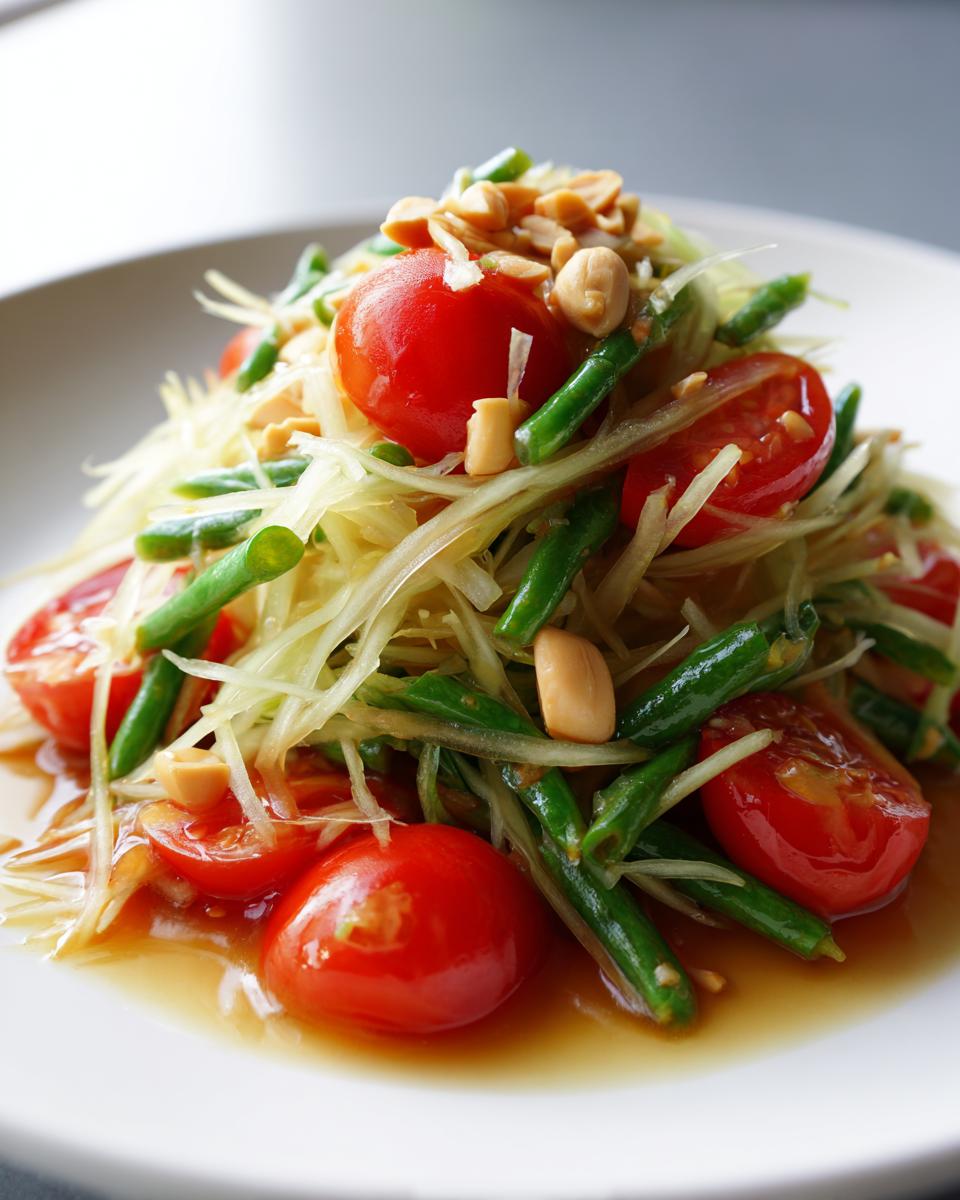 Close-up of vibrant papaya salad featuring shredded green papaya, cherry tomatoes, green beans, and topped with peanuts.